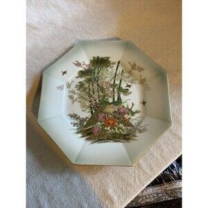 Midori Japan Porcelain Green Peacock Design Octagon Shape Dish Plate 3486B